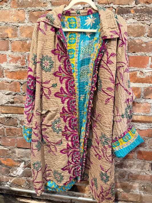 Vintage Kantha Car Coat - brown/purple/turquoise