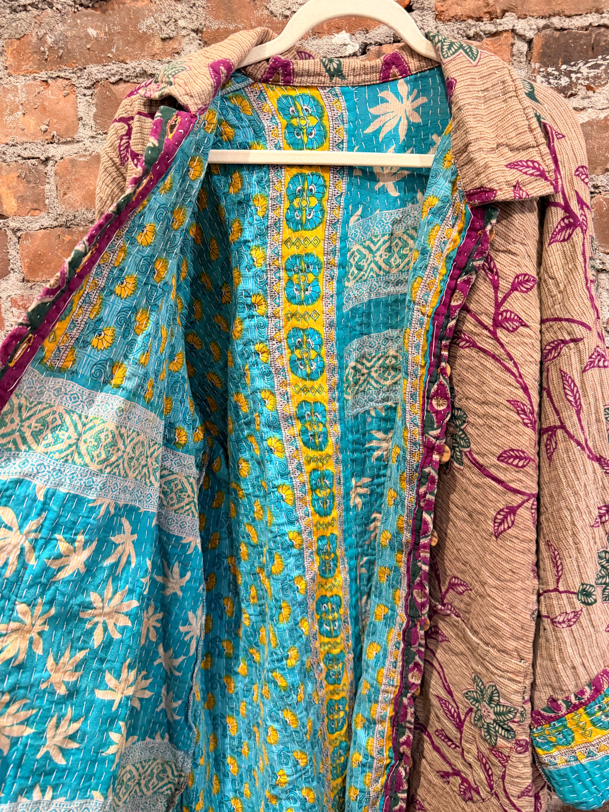 Vintage Kantha Car Coat - brown/purple/turquoise