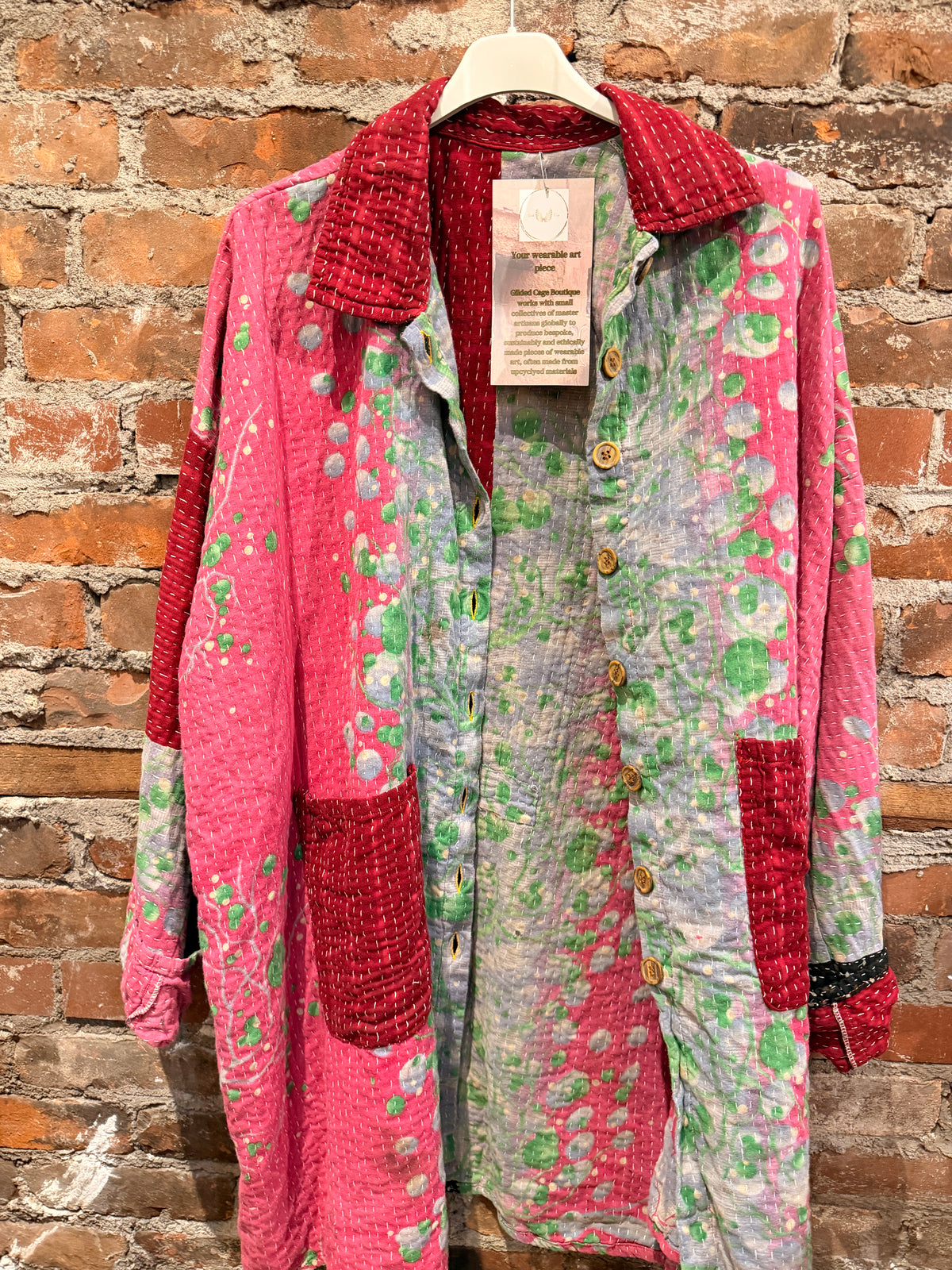 Vintage Kantha Car Coat - pink/red