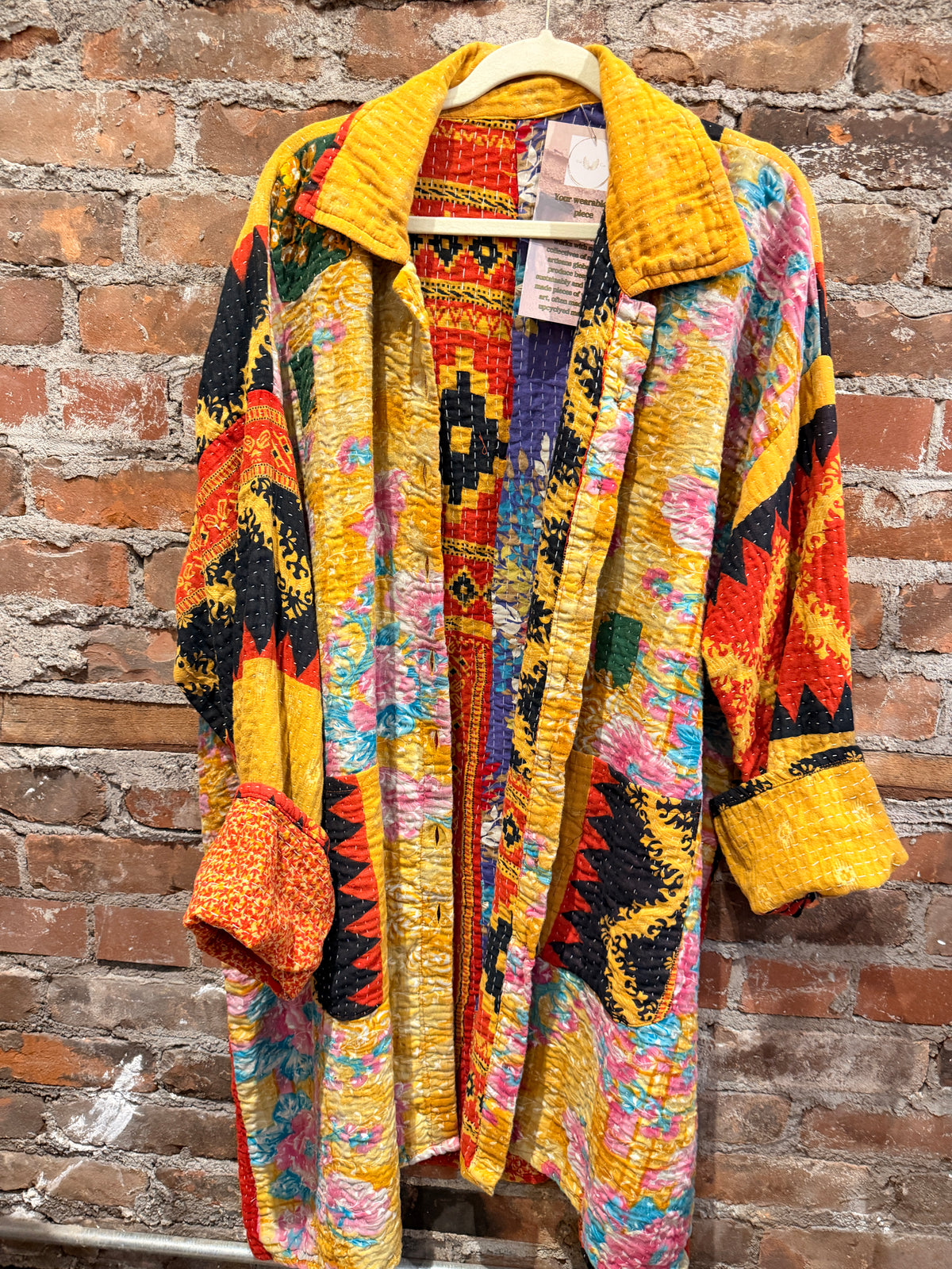 Vintage Kantha Car Coat - mustard/red