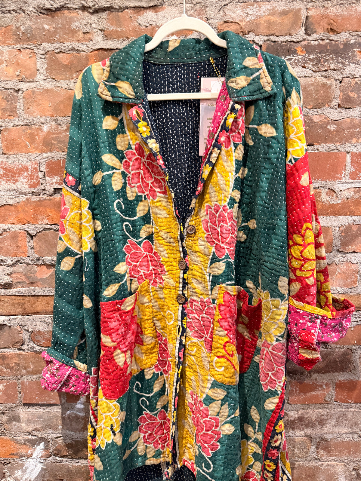 Vintage Kantha Car Coat - Emerald/Multi