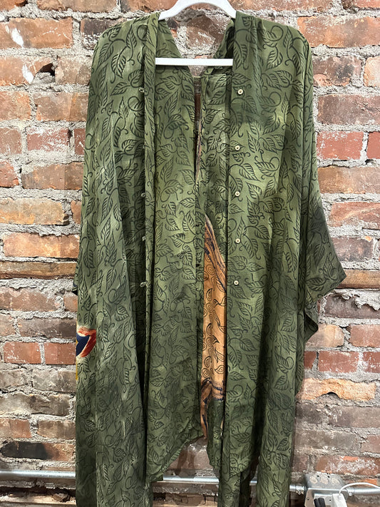 Vintage silk multi way cape - green/mustard/red