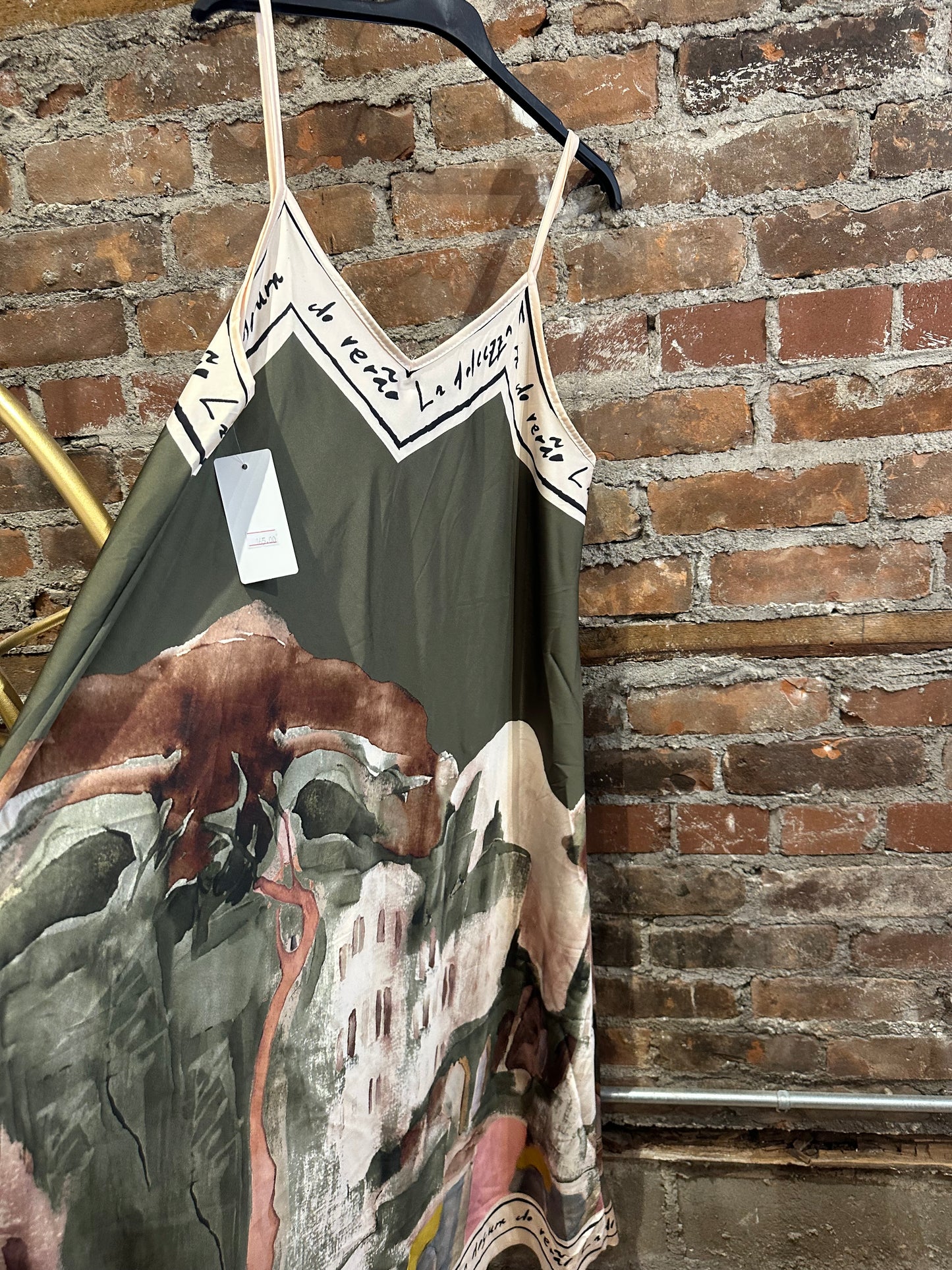 Painted silk slipdress -khaki