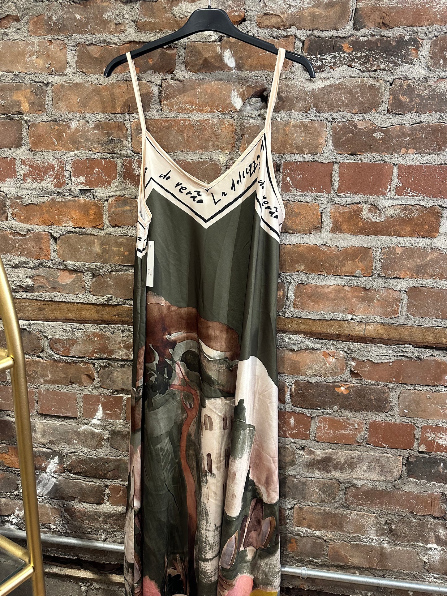 Painted silk slipdress -khaki