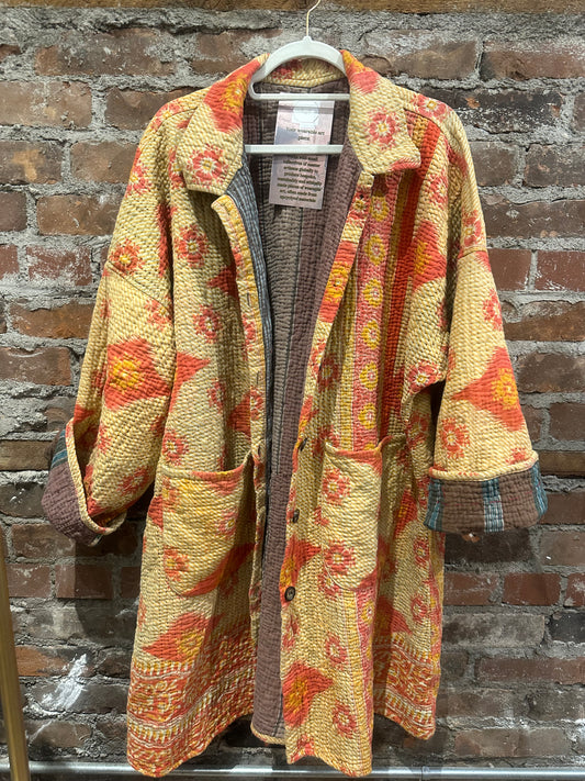 Reversible Kantha Coat- orange/grey