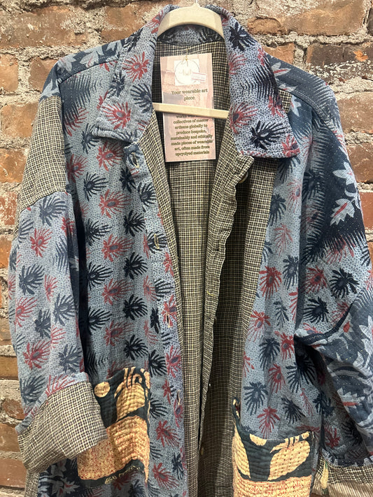 Reversible Kantha Coat- Denim/grey