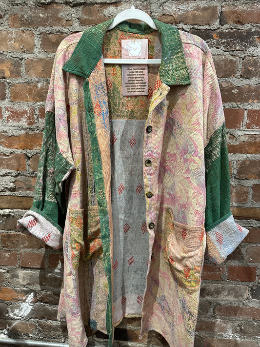 Reversible Kantha Coat- soft pink/green