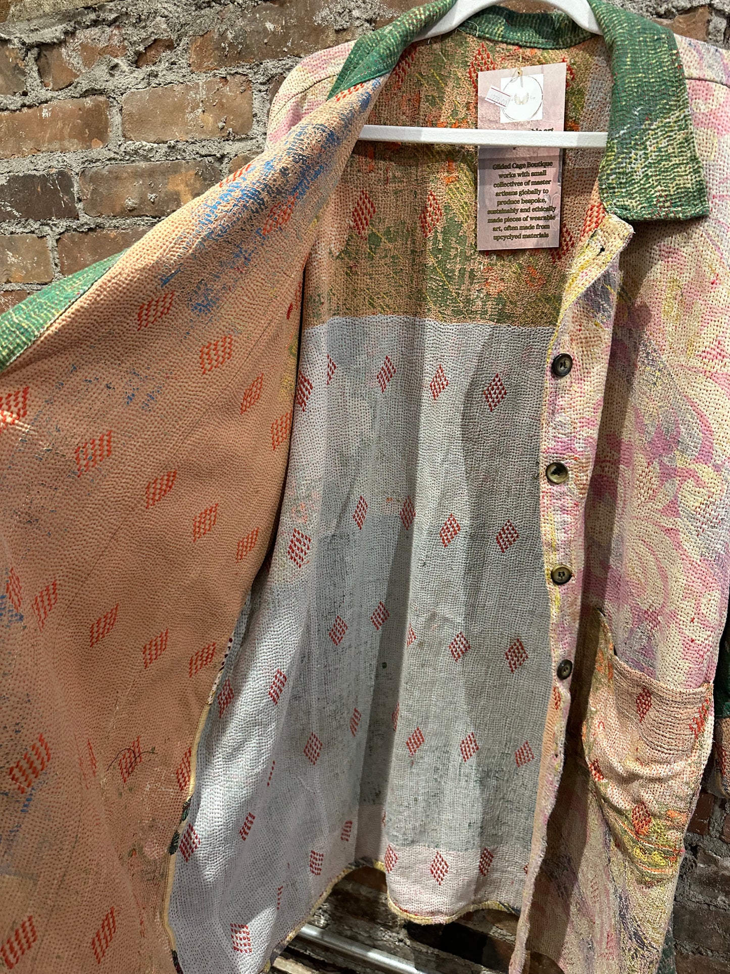 Reversible Kantha Coat- soft pink/green