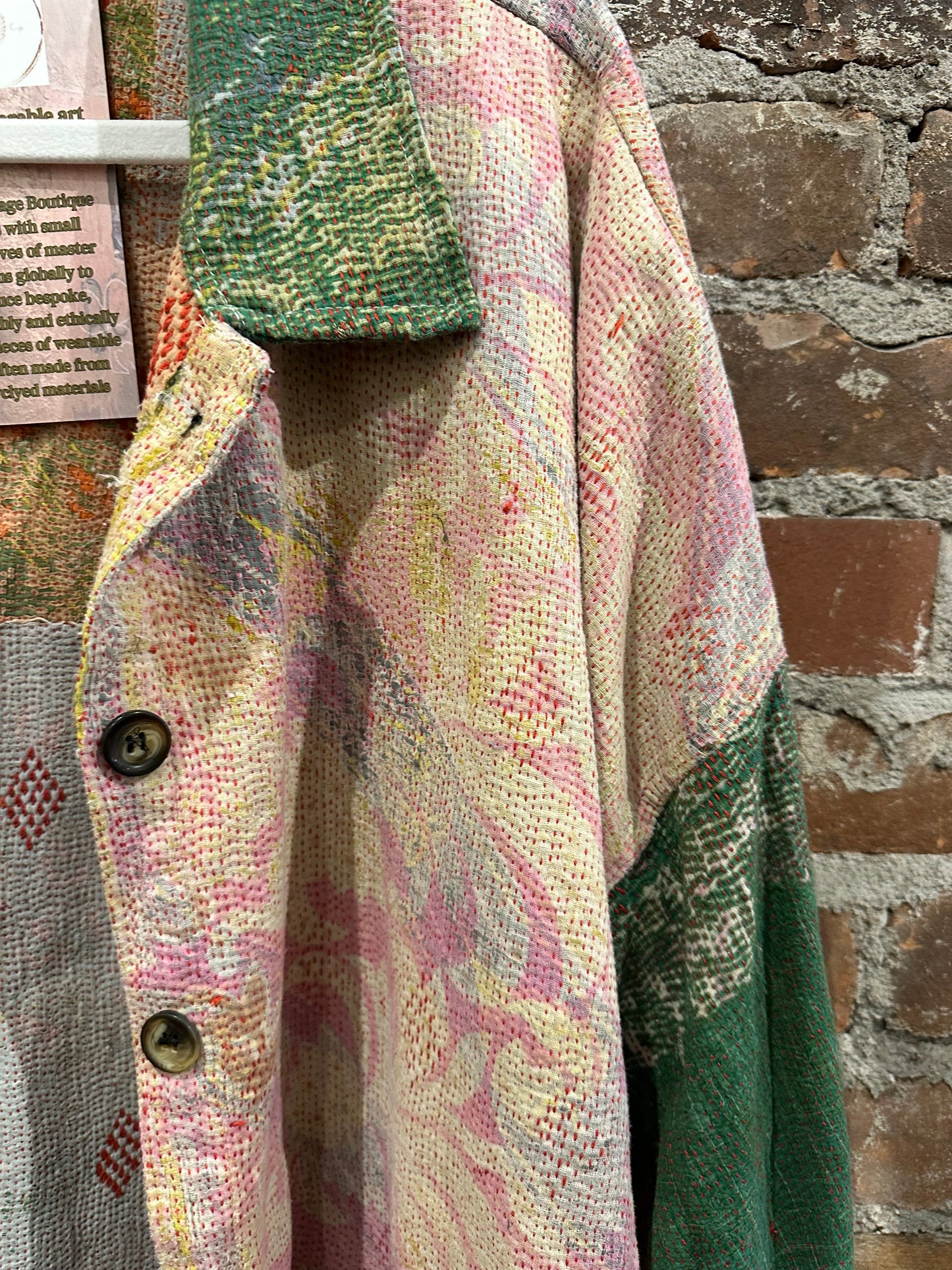 Reversible Kantha Coat- soft pink/green