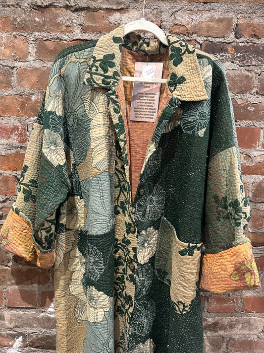 Reversible Kantha Coat- dark green/peach