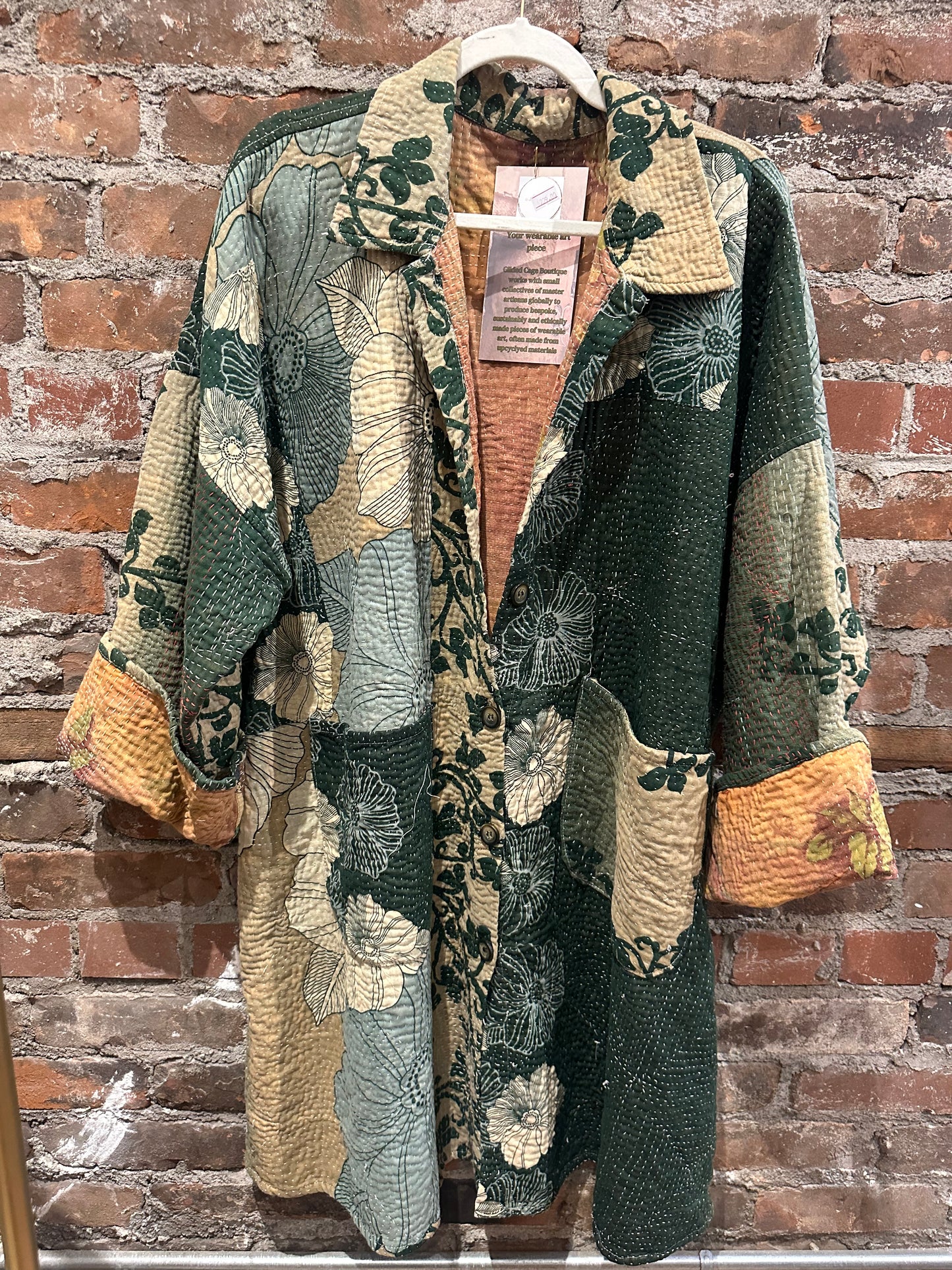 Reversible Kantha Coat- dark green/peach