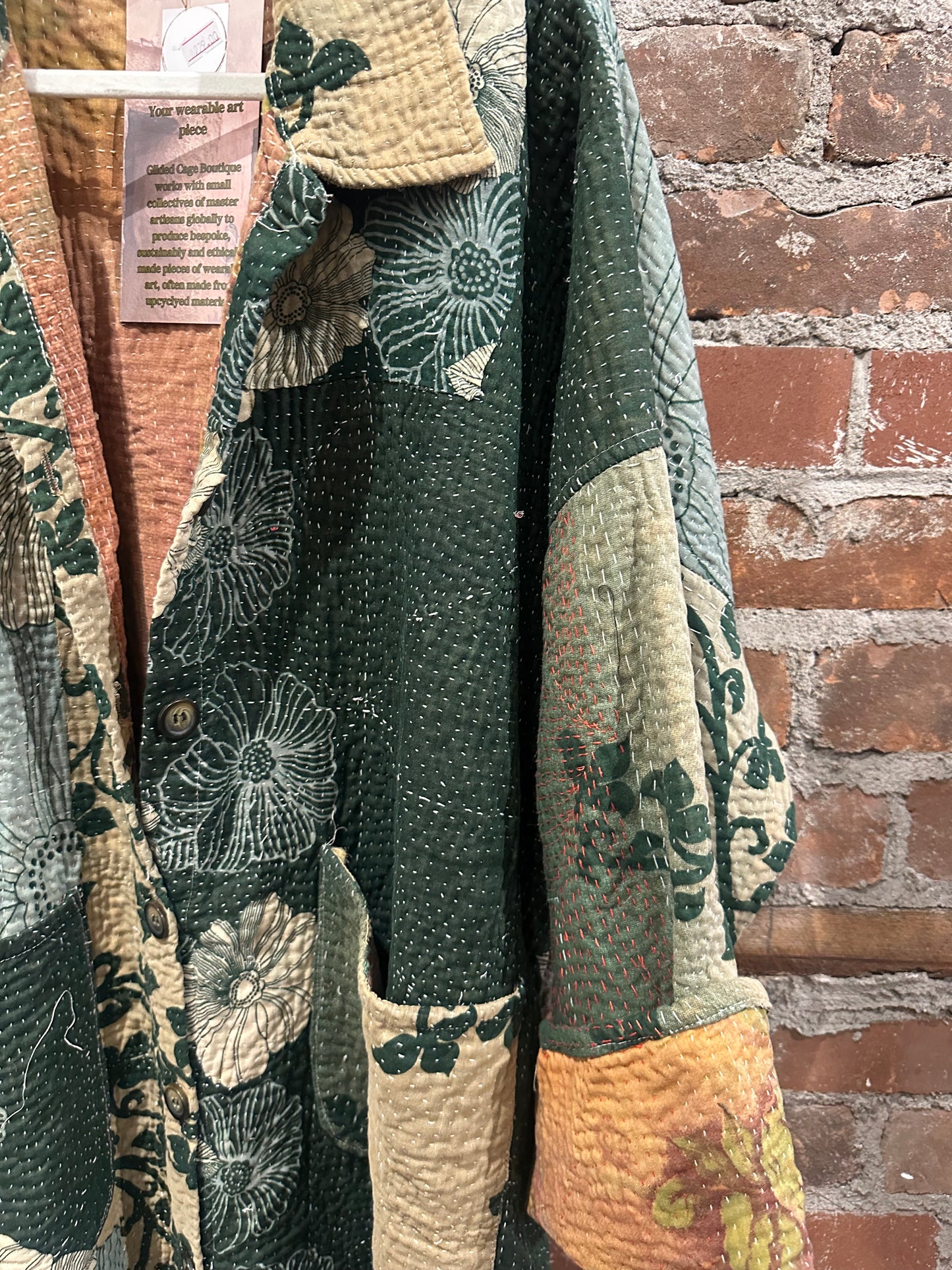 Reversible Kantha Coat- dark green/peach