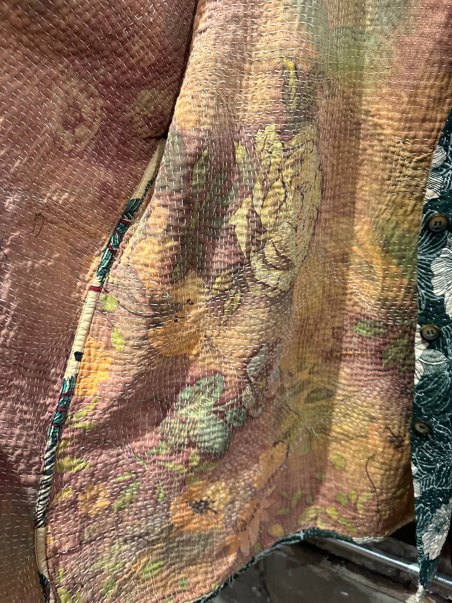 Reversible Kantha Coat- dark green/peach