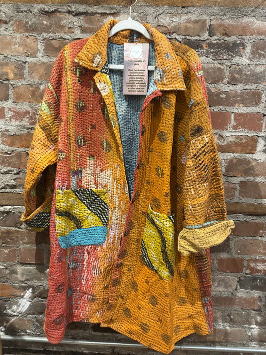 Reversible Kantha Coat- bright orange/multi