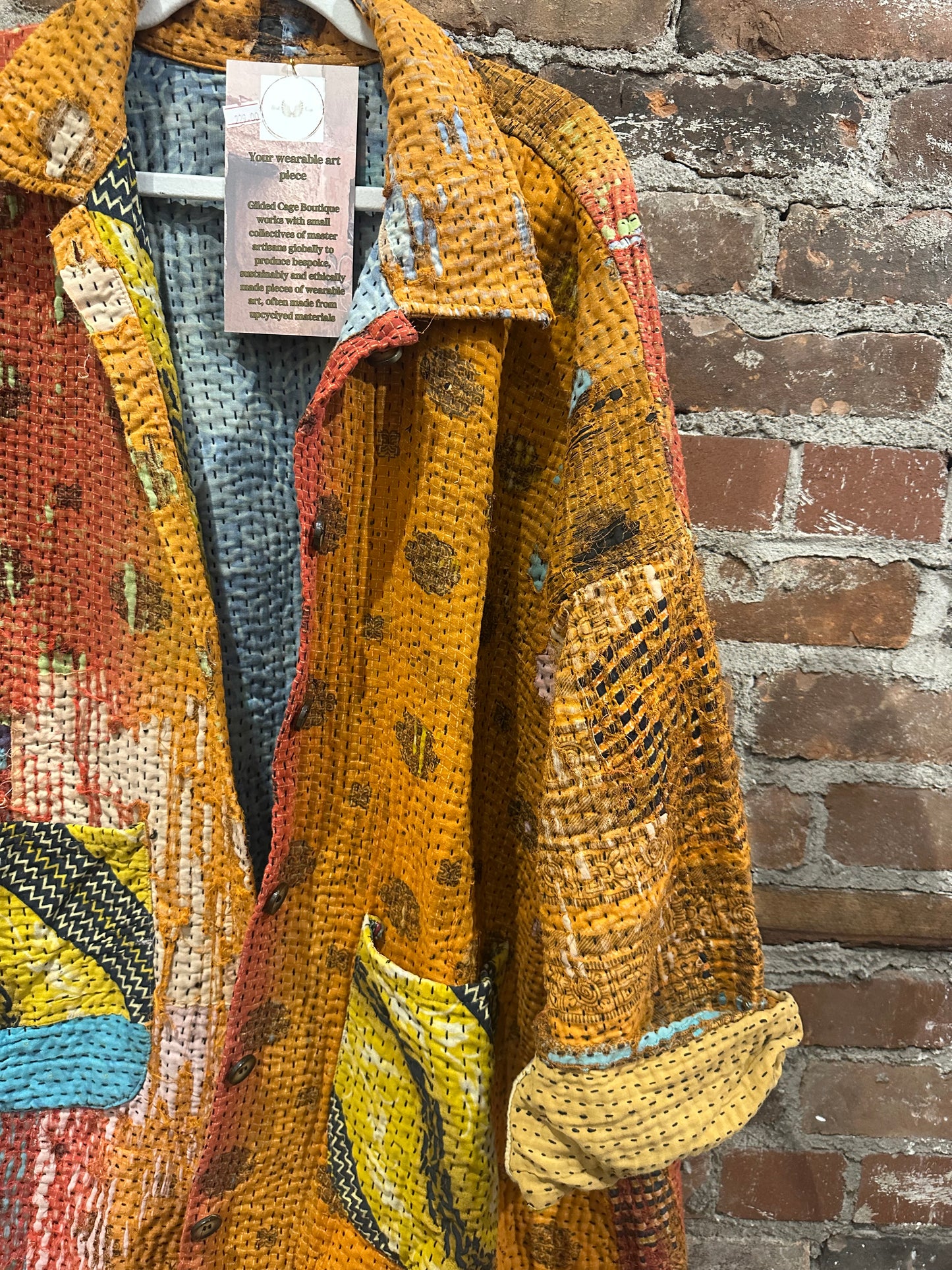 Reversible Kantha Coat- bright orange/multi