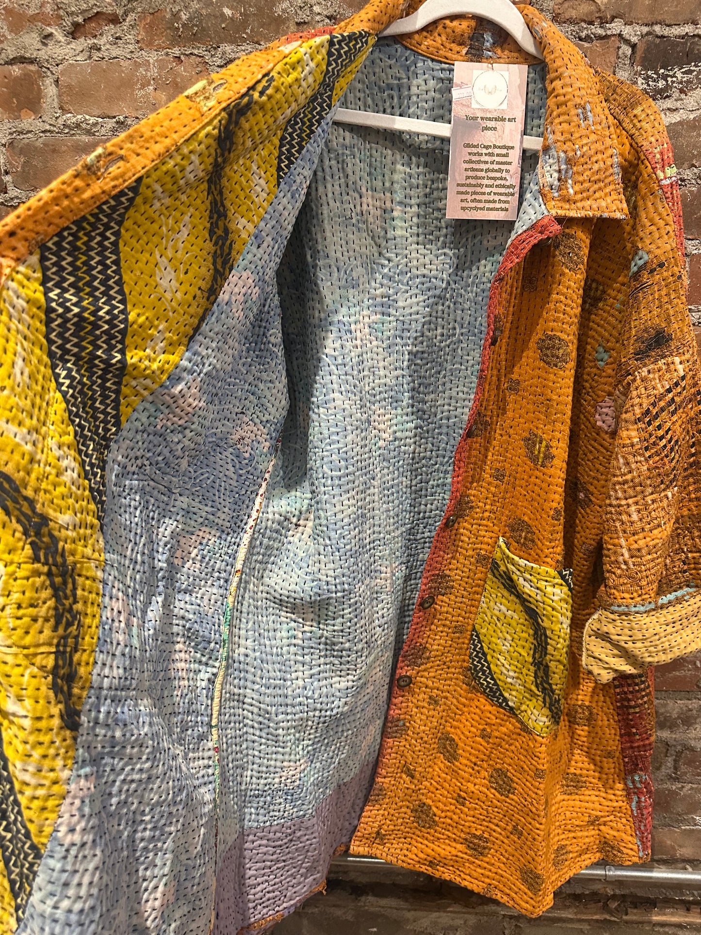 Reversible Kantha Coat- bright orange/multi