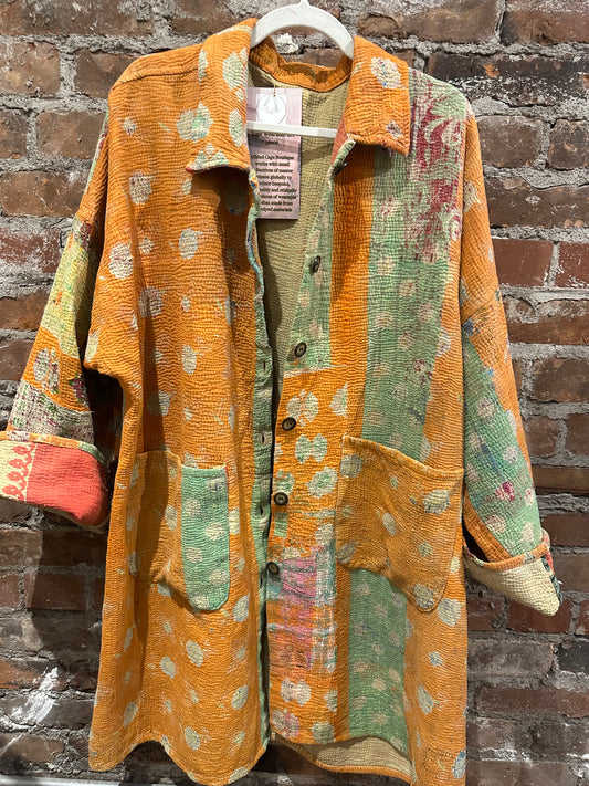 Reversible Kantha Coat-orange /grey