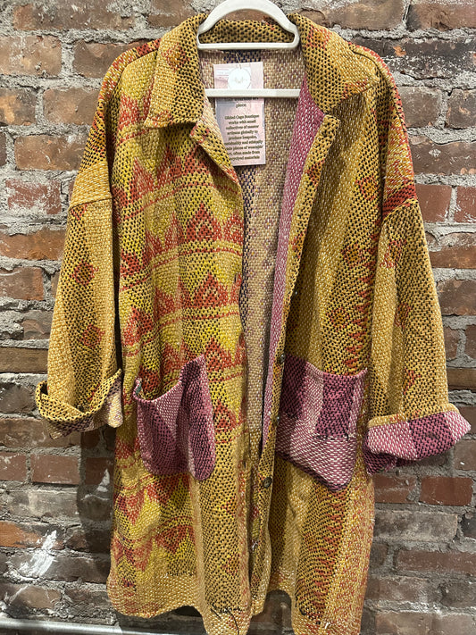 Reversible Kantha Coat- mustard/purple