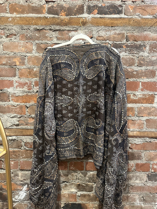 Pure wool reversible embroidered cape -blue/grey