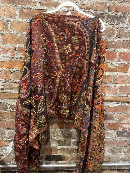 Pure wool reversible embroidered cape- brown