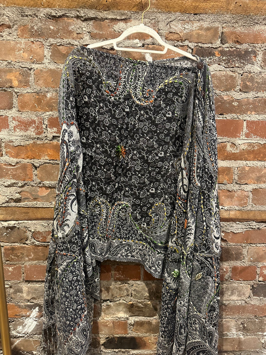 Pure wool reversible embroidered cape - charcoal/ light grey