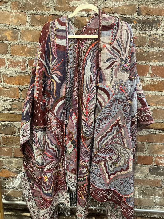 Pure wool reversible embroidered cape-plum