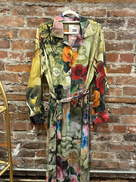 Pure vintage silk A line shirt dress - green/multi