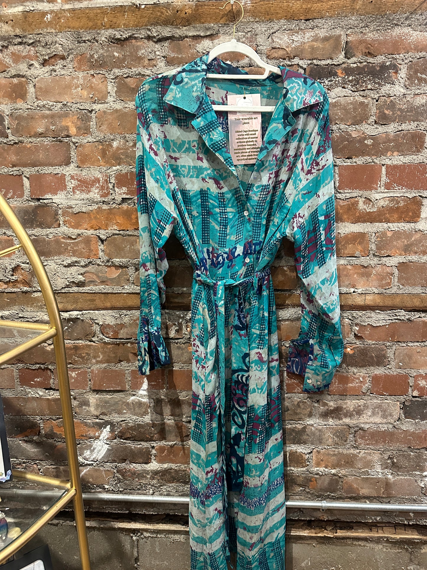 Pure vintage silk A line shirt dress -turquoise