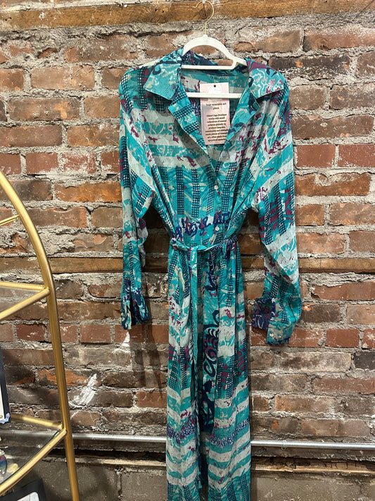 Pure vintage silk A line shirt dress -turquoise