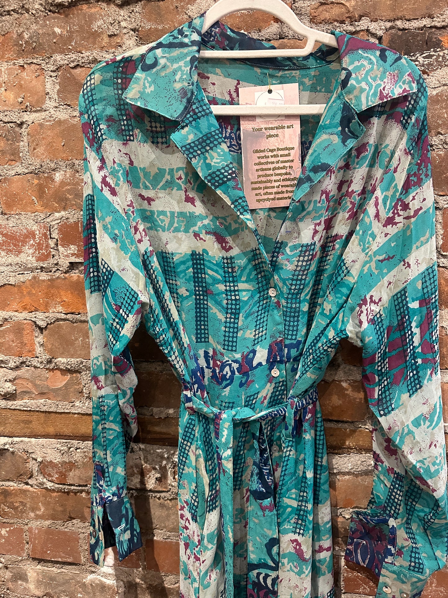 Pure vintage silk A line shirt dress -turquoise