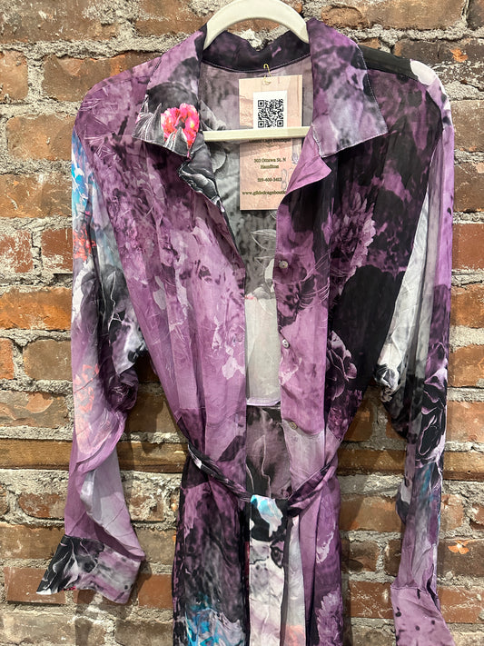 Pure vintage silk A line shirt dress - purple/black