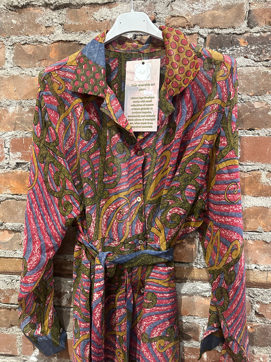 Pure vintage silk A line shirt dress - pink/green