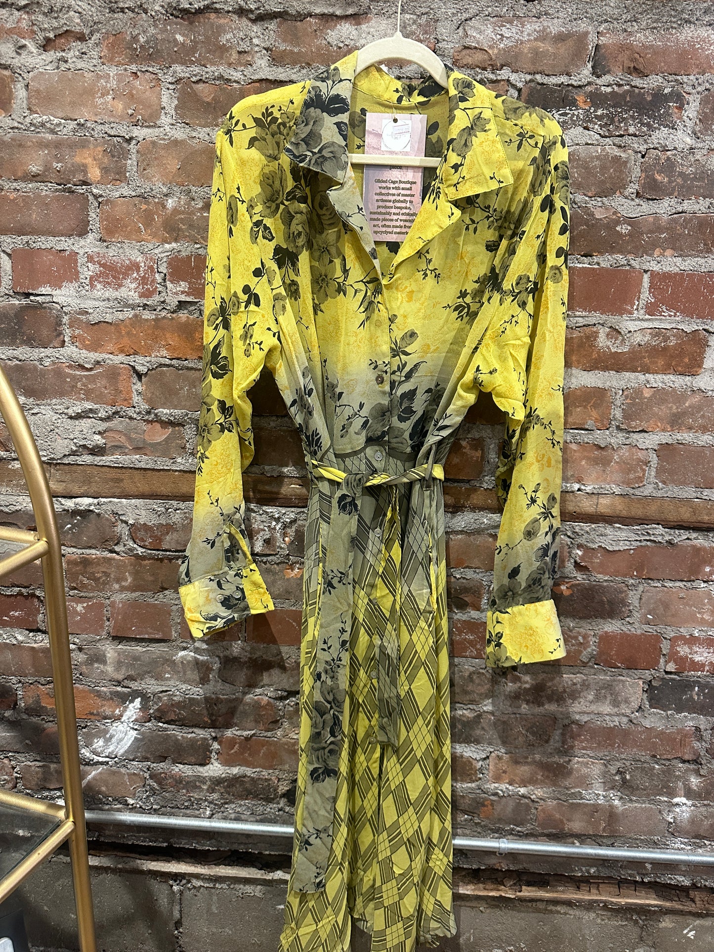 Pure vintage silk A line shirt dress -yellow