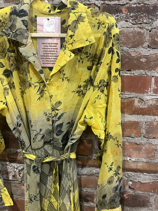 Pure vintage silk A line shirt dress -yellow