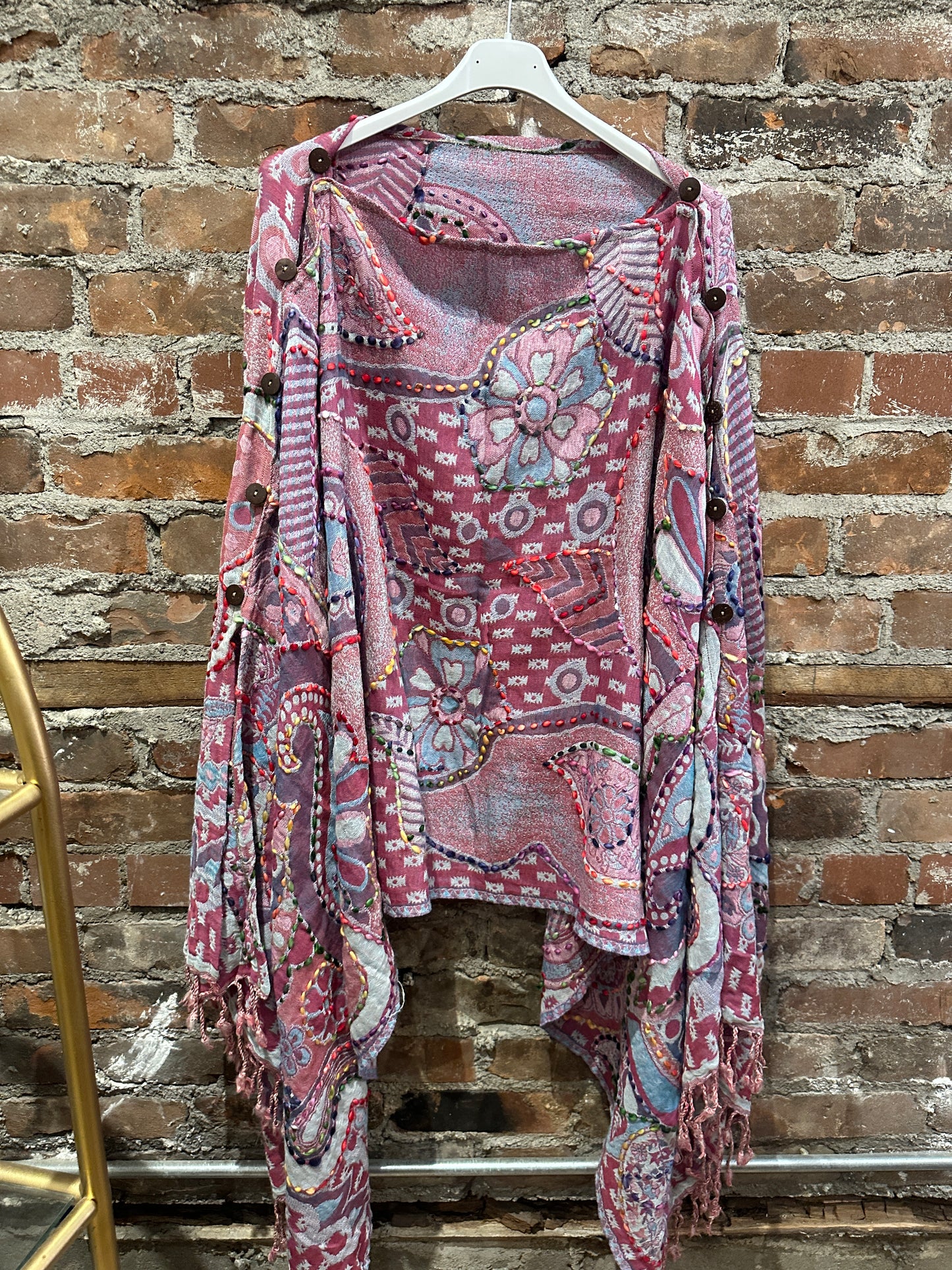 Pure wool reversible embroidered cape-pink