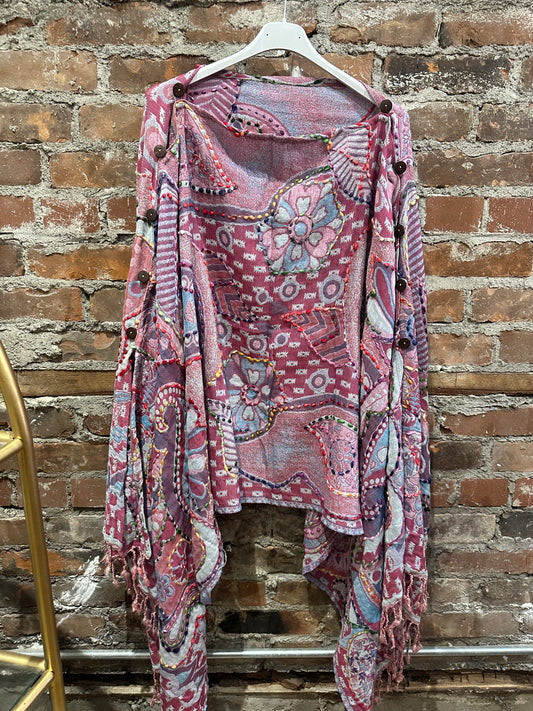 Pure wool reversible embroidered cape-pink