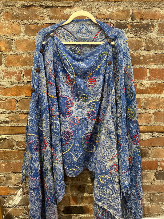 Pure wool reversible embroidered cape- cobalt
