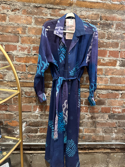 Pure vintage silk A line shirt dress- blue batik