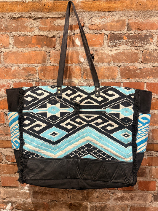 Handmade Carpet Weekender Bag- black/turquiose