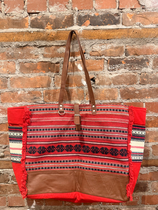 Handmade Carpet Weekender Bag- red/grey