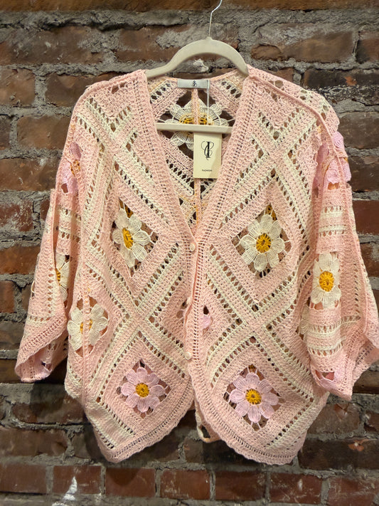 Crochet cotton cardigan -pink